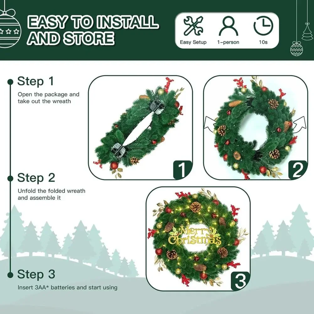 24 Inch Pre-Lit Artificial Christmas Wreath 45 LED‎ Lights Battery Remote Timer
